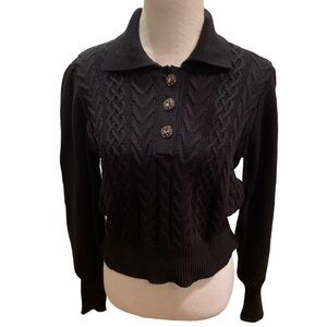 Who What Wear 3D Knit Black Target Pullover w/ 3 Rhinestone Buttons Long Sleeve